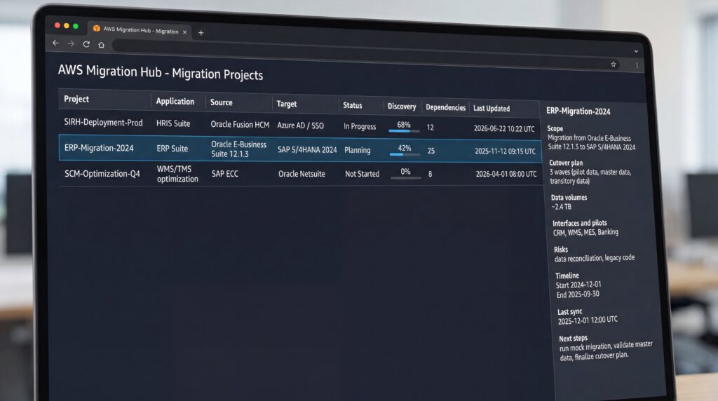 Capture d'écran de l'interface du AWS Migration Hub, montrant les projets de migration en cours.