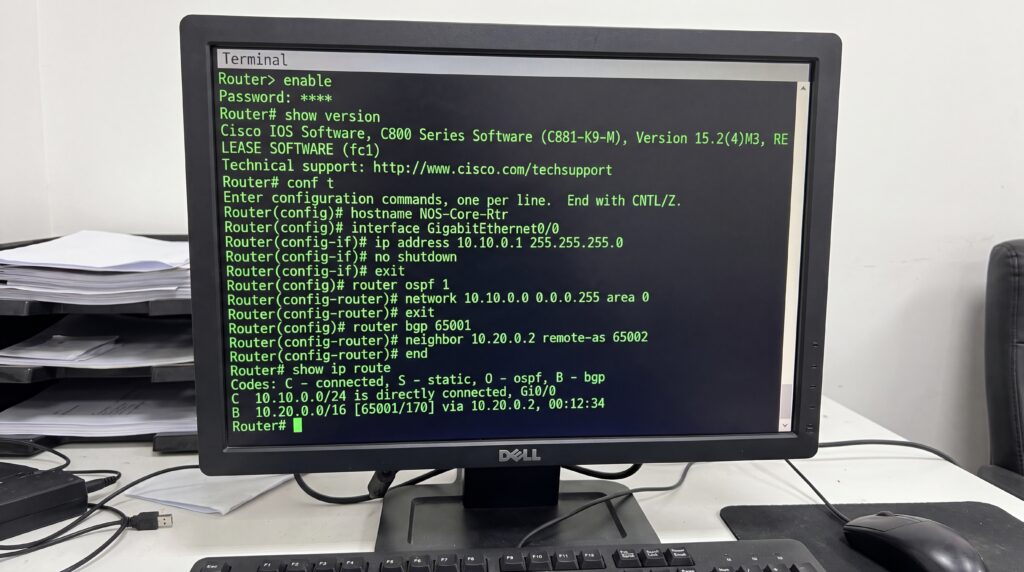 Écran d'ordinateur affichant une interface de terminal avec des lignes de code et des informations système.