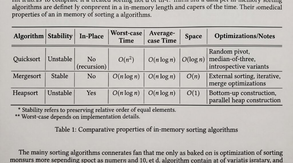 Tableau comparatif des propriétés des algorithmes de tri, incluant QuickSort, MergeSort et HeapSort avec leurs performances respectives.