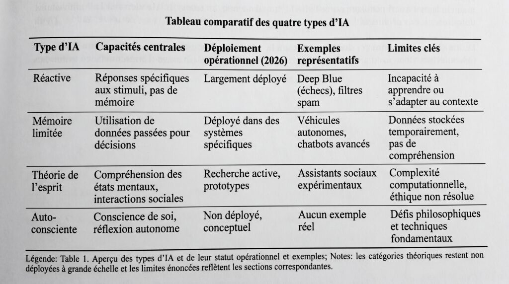 Tableau comparatif des quatre types d'intelligence artificielle avec leurs capacités, exemples et limites.