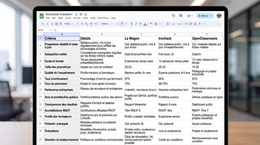 Tableau présentant les éléments d'un bootcamp avec des détails sur les modules de formation et les intérêts associés.