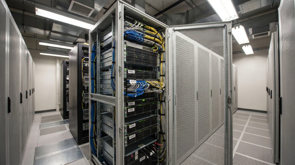 Vue de l'intérieur d'un data center avec des racks de serveurs et des câbles connectés.