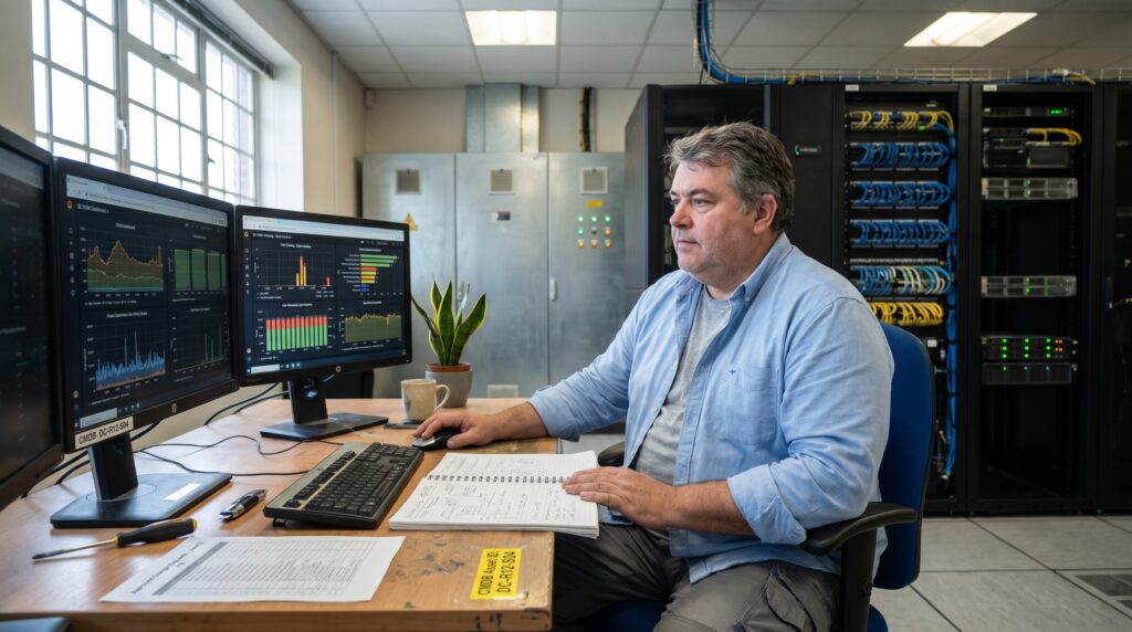 Un technicien data center travaillant sur plusieurs écrans à l'intérieur d'une salle de serveurs.