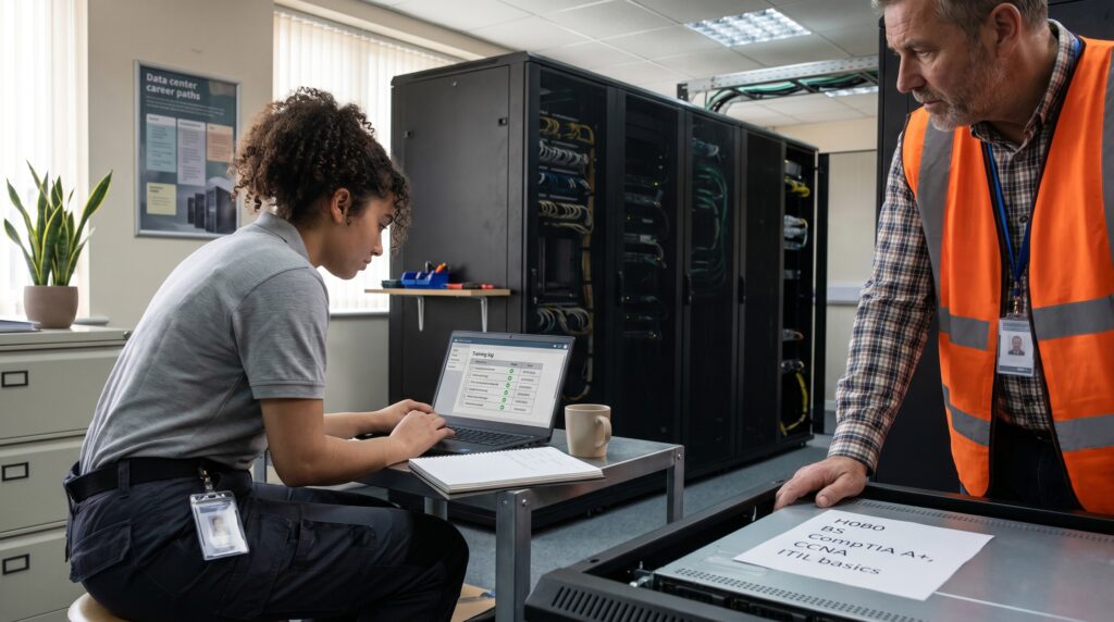 Un technicien travaillant sur un ordinateur portable dans un data center, pendant qu'un collègue observe près de serveurs.