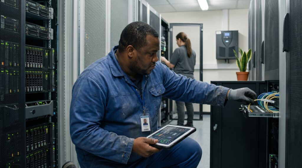 Technicien travaillant dans un data center, utilisant une tablette pour gérer des câbles et du matériel informatique.