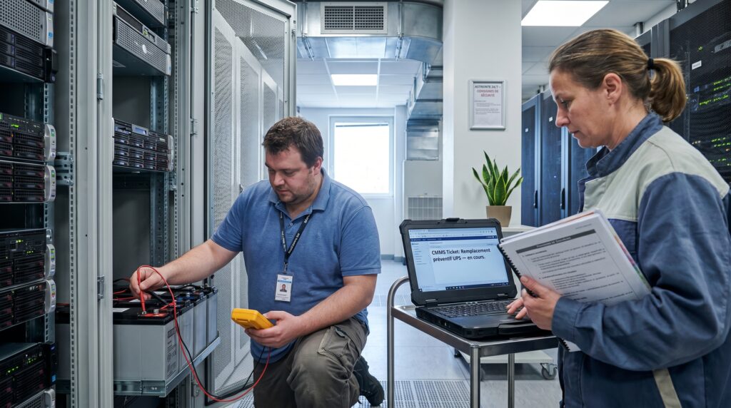 Technicien et technicienne travaillant dans un centre de données, utilisant des outils pour vérifier les serveurs et consulter un ordinateur portable.