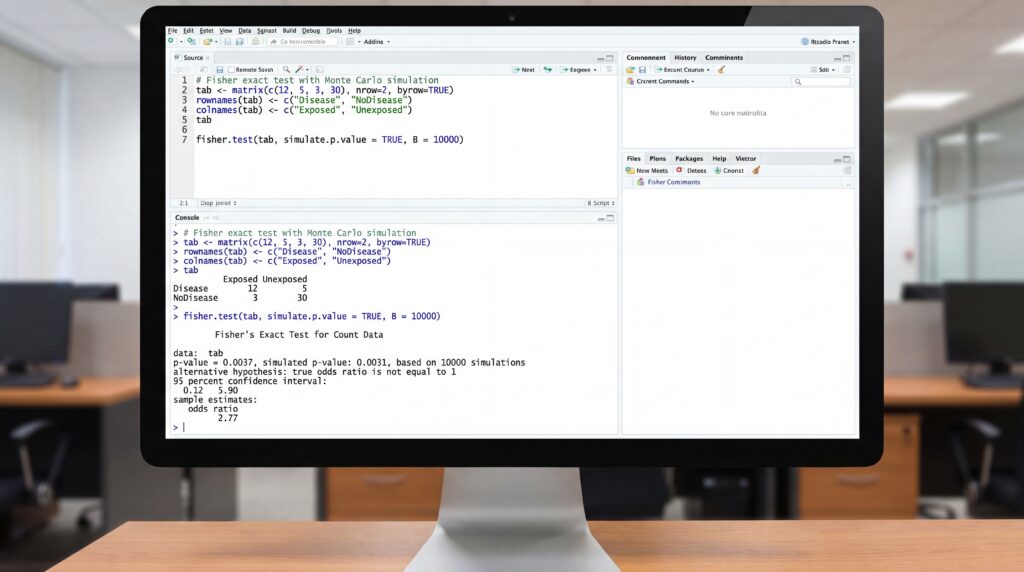 Écran d'ordinateur affichant un code statistique pour le test de Fisher.