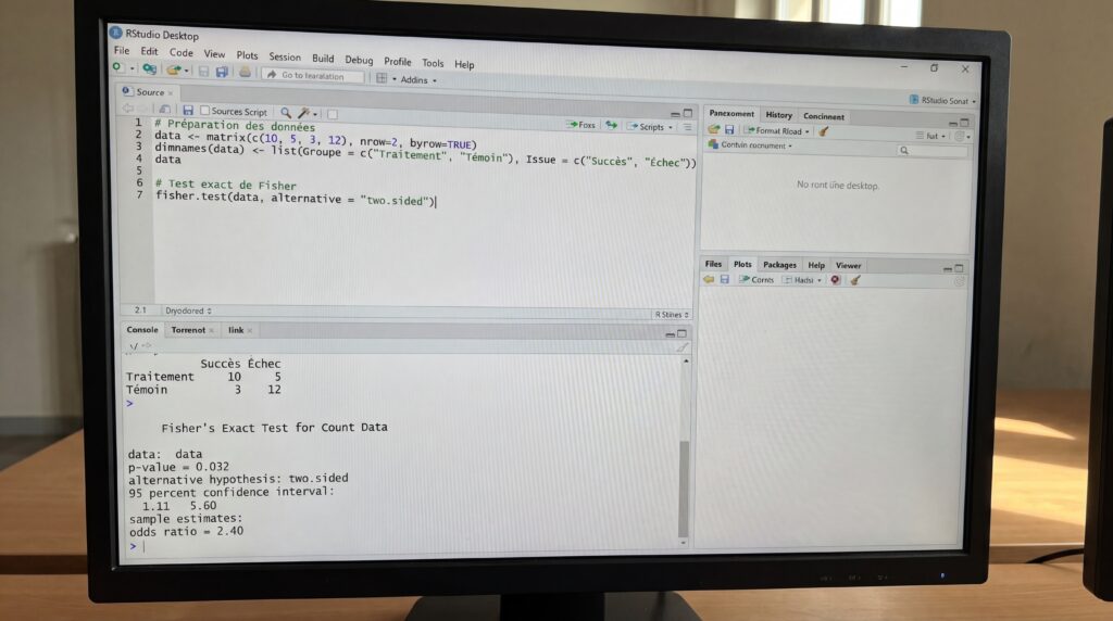 Écran d'ordinateur affichant un code de test de Fisher dans un environnement de programmation.