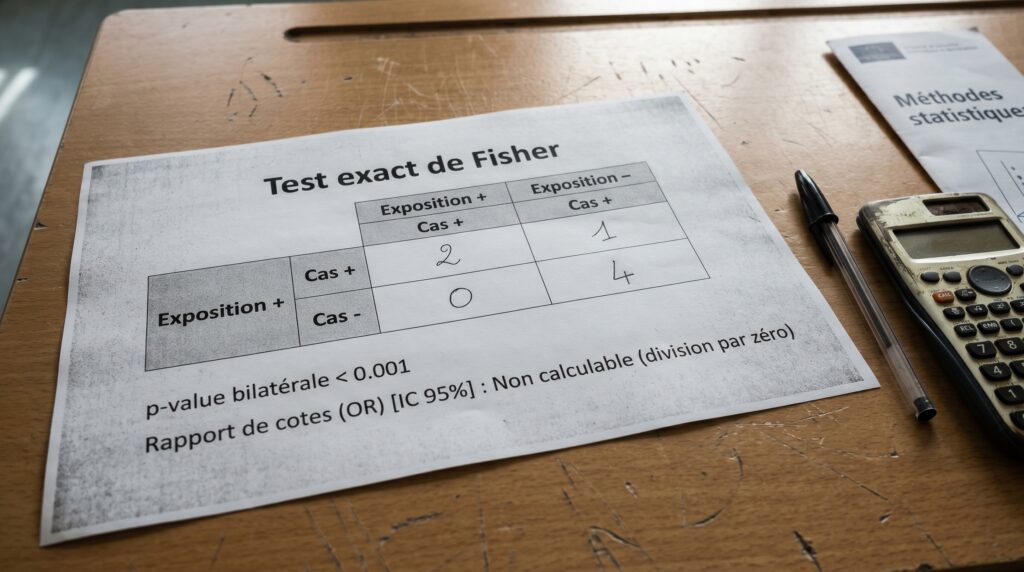 Tableau expliquant le test exact de Fisher avec des valeurs de p et un rapport de cotes.