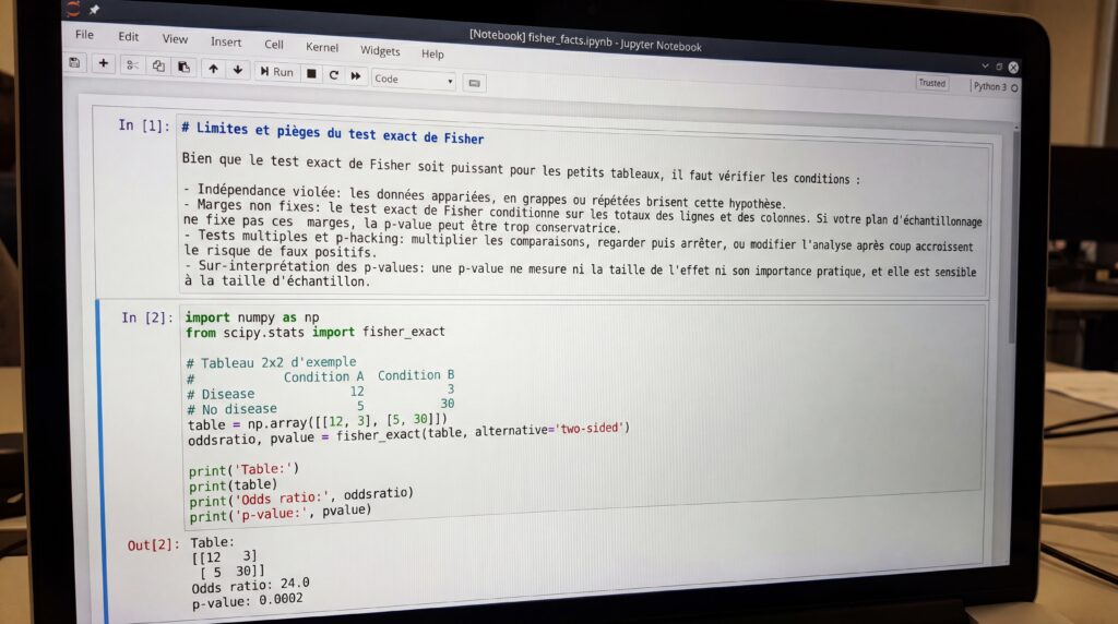 Capture d'écran d'un code informatique illustrant un exemple d'application du test de Fisher.