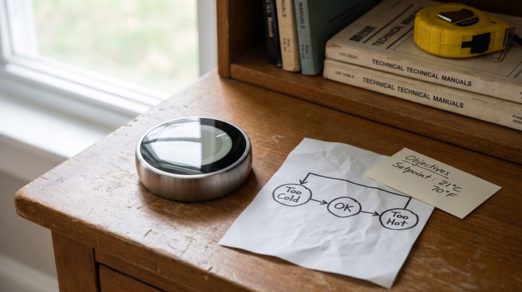 Un thermostat moderne posé sur une table en bois avec un plan schématique en papier à côté.