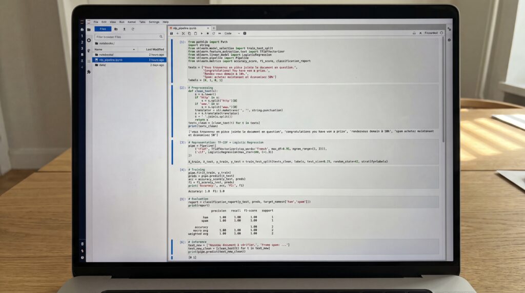 Écran d'ordinateur portable affichant du code lié au traitement du langage naturel.