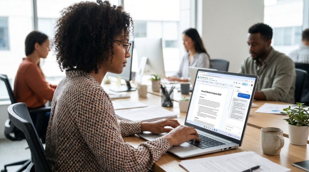 Une femme travaillant sur un ordinateur portable en bureau moderne, entourée de collègues, illustrant l'utilisation de la technologie au travail.