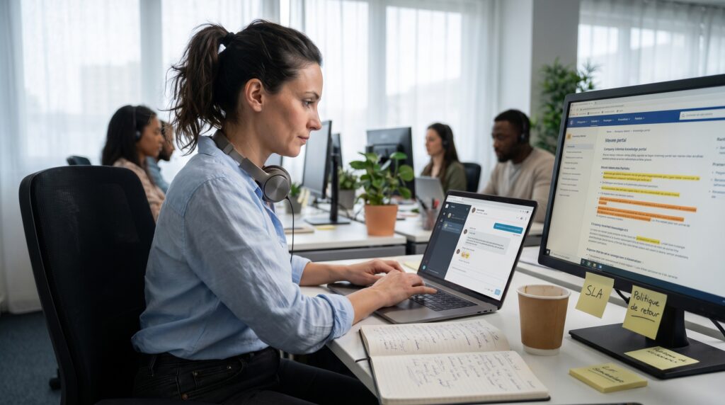 Une femme travaillant sur un ordinateur portable dans un bureau moderne, entourée de collègues, illustrant un environnement de travail collaboratif.