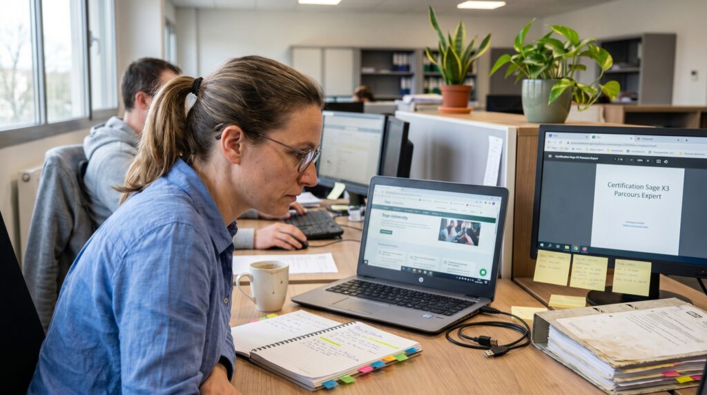 Femme concentrée travaillant sur un ordinateur portable dans un bureau, avec des collègues en arrière-plan et des plantes sur le bureau.