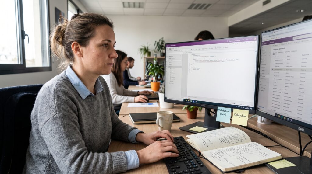Femme travaillant sur un ordinateur avec plusieurs écrans, utilisant des applications Microsoft dans un environnement de bureau.