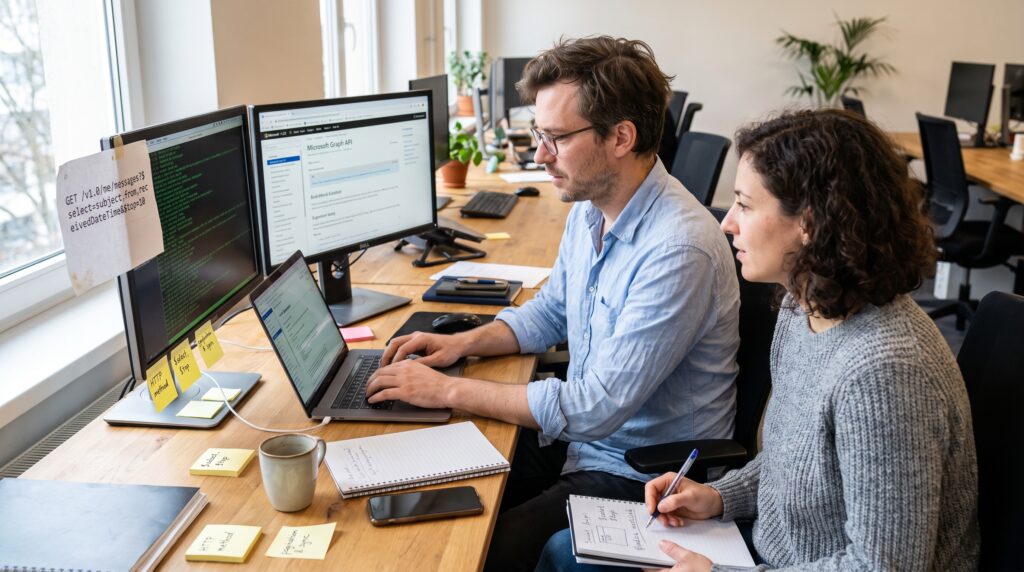 Deux collègues collaborant à un bureau avec plusieurs écrans d'ordinateur, discutant et prenant des notes.