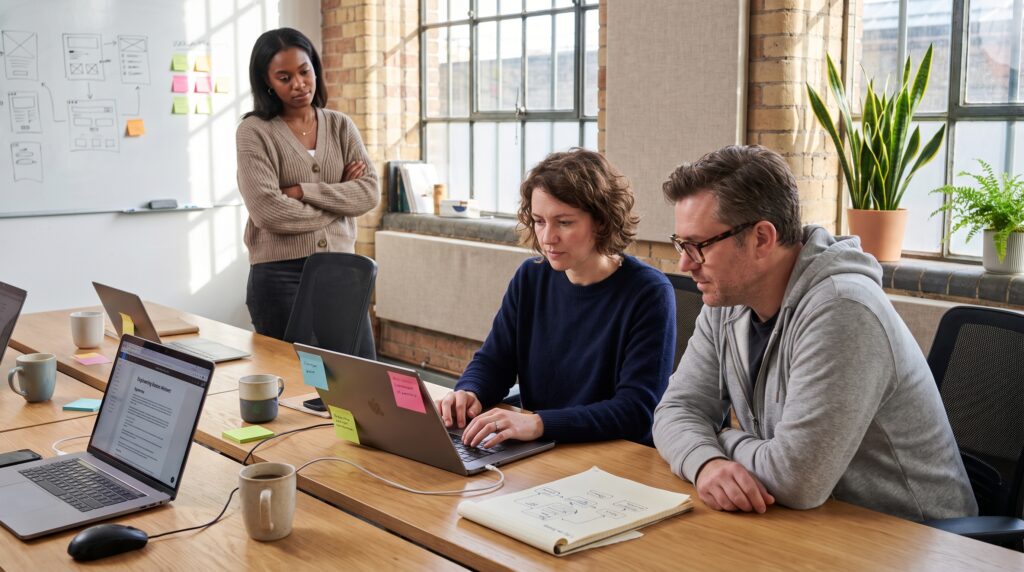Trois personnes collaborent sur un projet, deux d'entre elles travaillant sur des ordinateurs portables et une observant, dans un environnement de bureau lumineux.