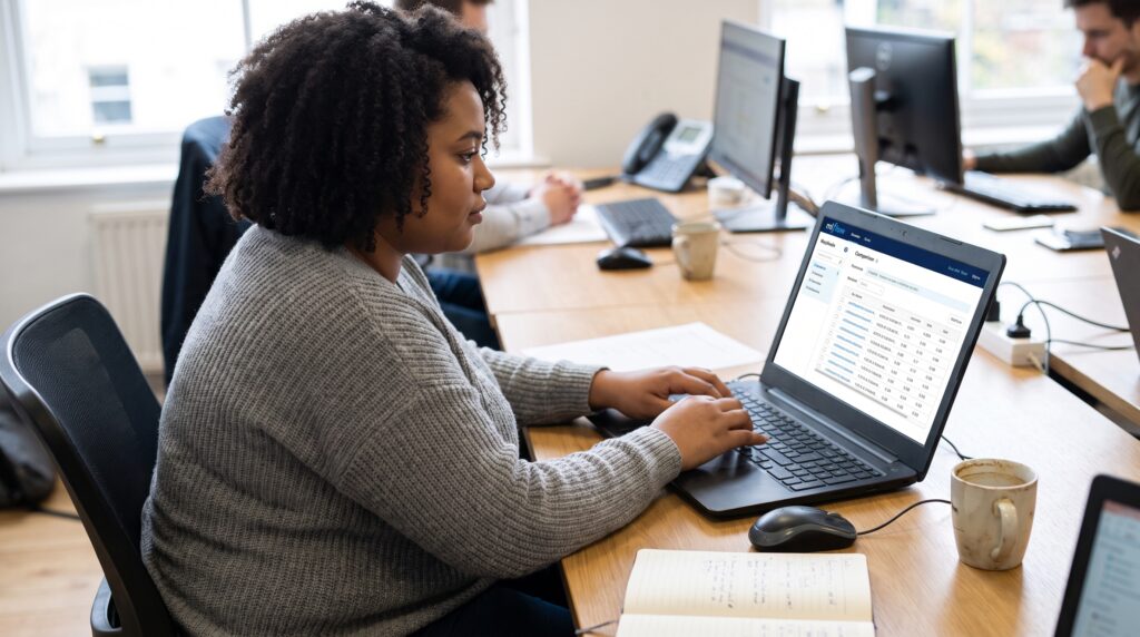 Femme travaillant sur un ordinateur portable avec des données Excel dans un bureau collaboratif.