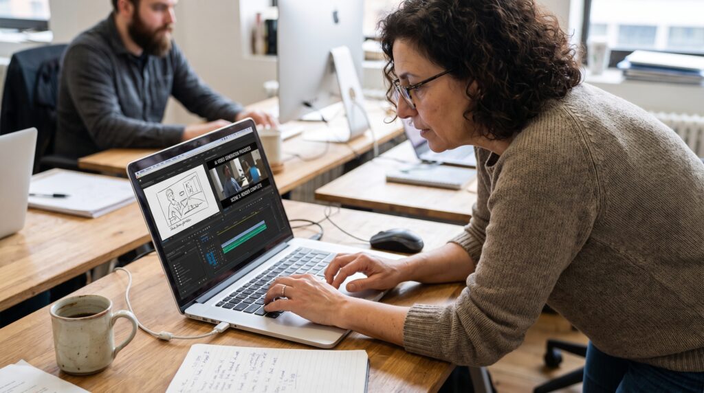 Femme utilisant un ordinateur portable dans un bureau, concentrée sur son travail avec des notes et une tasse de café à proximité.