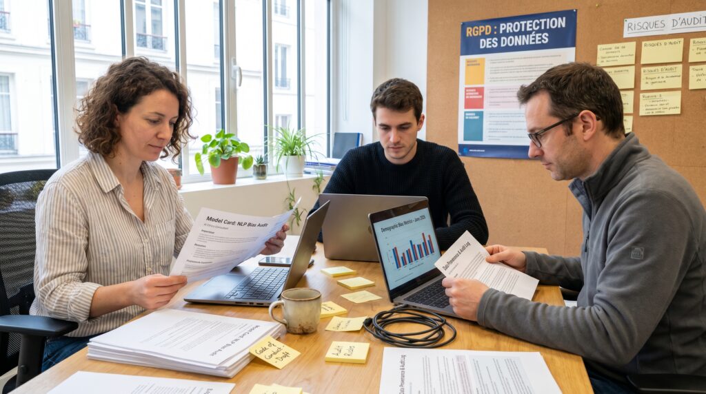 Trois personnes collaborant autour d'une table, examinant des documents et utilisant des ordinateurs portables dans un bureau lumineux.