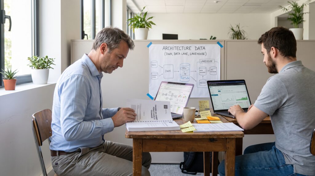 Deux personnes collaborant sur un projet, assises à une table avec des ordinateurs portables et des documents.