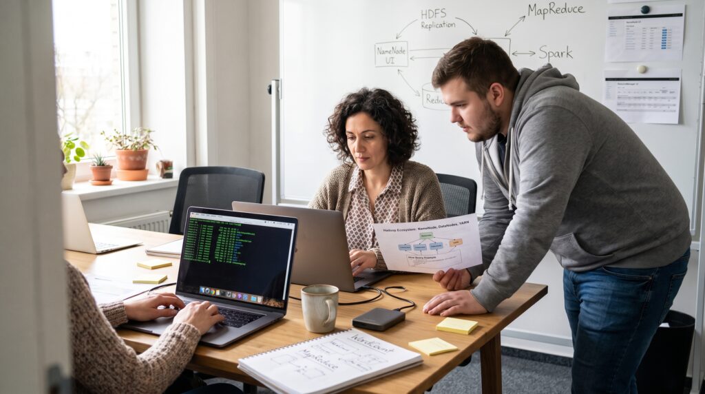 Trois collègues travaillant ensemble sur des ordinateurs, discutant d'un projet lié à Hadoop dans un bureau lumineux.