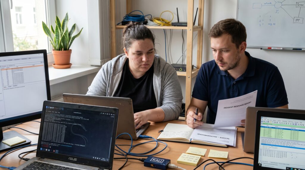 Deux personnes examinant des documents et des ordinateurs en cours de test d'intrusion avec Kali Linux.
