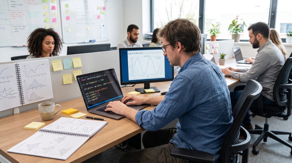 Une équipe travaillant dans un bureau sur des ordinateurs portables et des écrans, concentrée sur l'analyse des données.