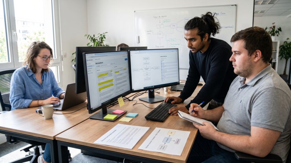 Une équipe travaillant ensemble à un bureau, discutant autour de plusieurs écrans d'ordinateur montrant des données et des informations sur l'intelligence artificielle.