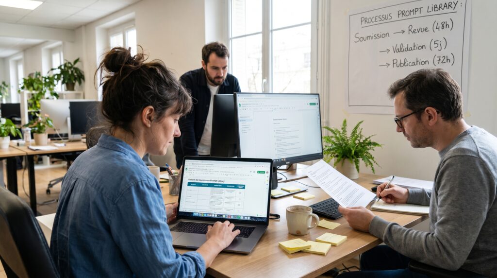 Trois personnes travaillant dans un bureau moderne, discutant autour d'ordinateurs avec des notes et un tableau blanc en arrière-plan.