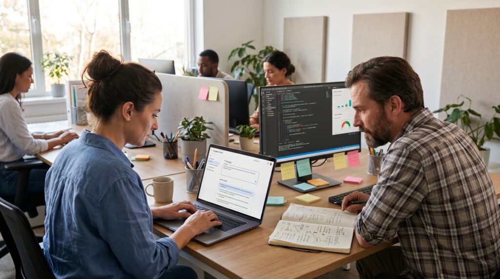 Groupe de personnes travaillant ensemble dans un bureau moderne, utilisant des ordinateurs pour des tâches de technologie.