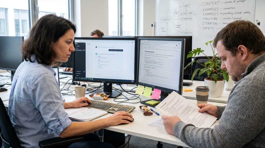 Deux professionnels travaillant ensemble à un bureau, examinant des documents devant des écrans d'ordinateur dans un environnement moderne.