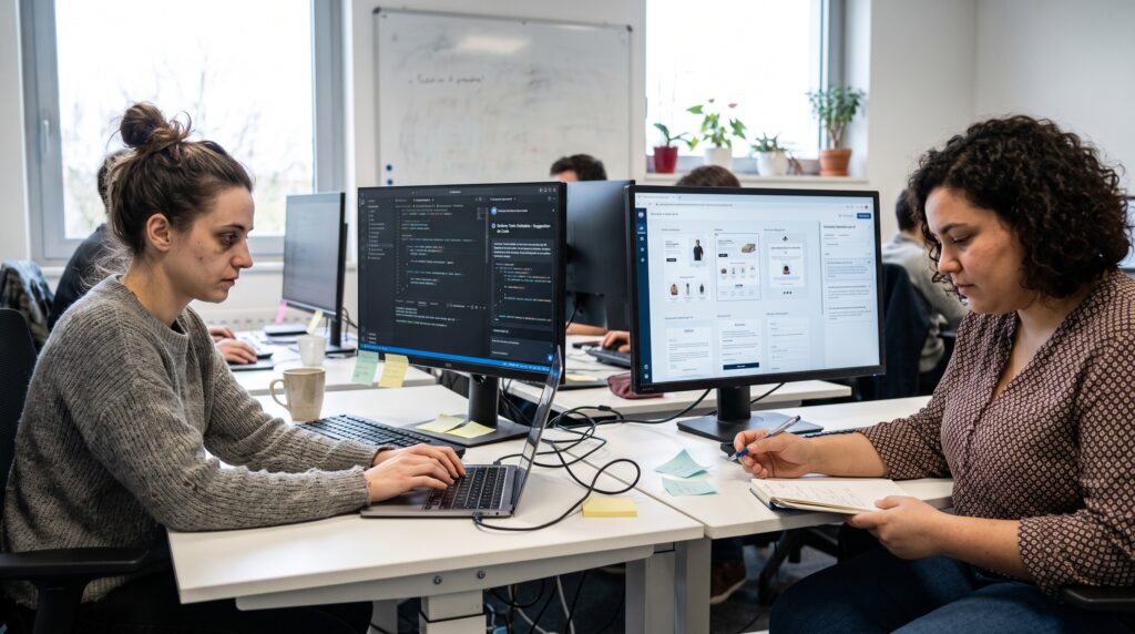 Deux femmes travaillant sur des ordinateurs dans un bureau moderne, discutant d'un projet lié à l'IA générative.