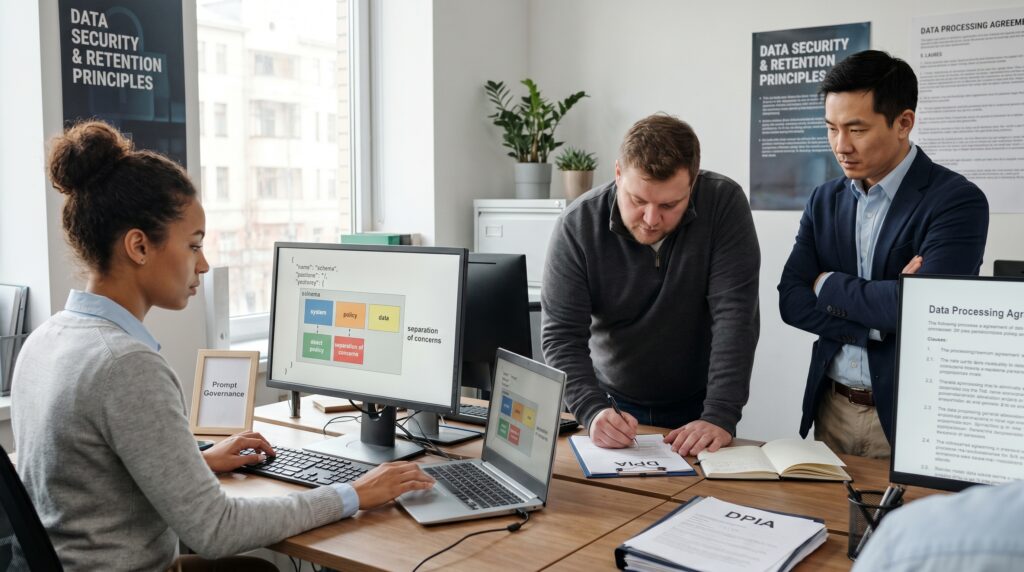 Groupe de professionnels discutant autour d'un bureau avec des ordinateurs, des documents et des affiches sur la sécurité des données.