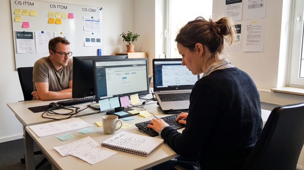 Deux personnes travaillant ensemble sur des ordinateurs dans un bureau, avec des notes et des documents sur la table.