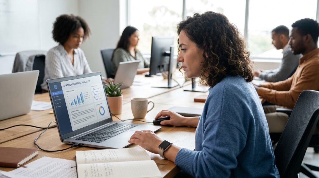 Une femme travaillant sur un ordinateur avec des graphiques montrant des données dans un environnement de bureau collaboratif.