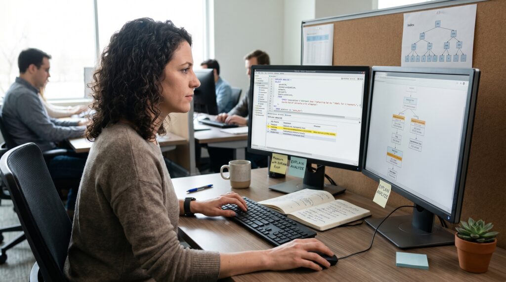 Femme travaillant sur deux écrans d'ordinateur, analysant des données et des codes liés aux bases de données.