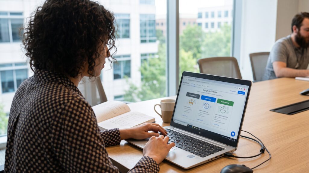 Une personne utilisant un ordinateur portable dans une salle de conférence, visualisant des informations sur Google Cloud Platform.