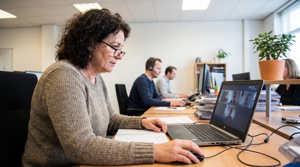 Une femme travaillant sur un ordinateur portable dans un bureau, avec d'autres collègues en arrière-plan, illustrant l'utilisation du WiFi dans un environnement de travail.