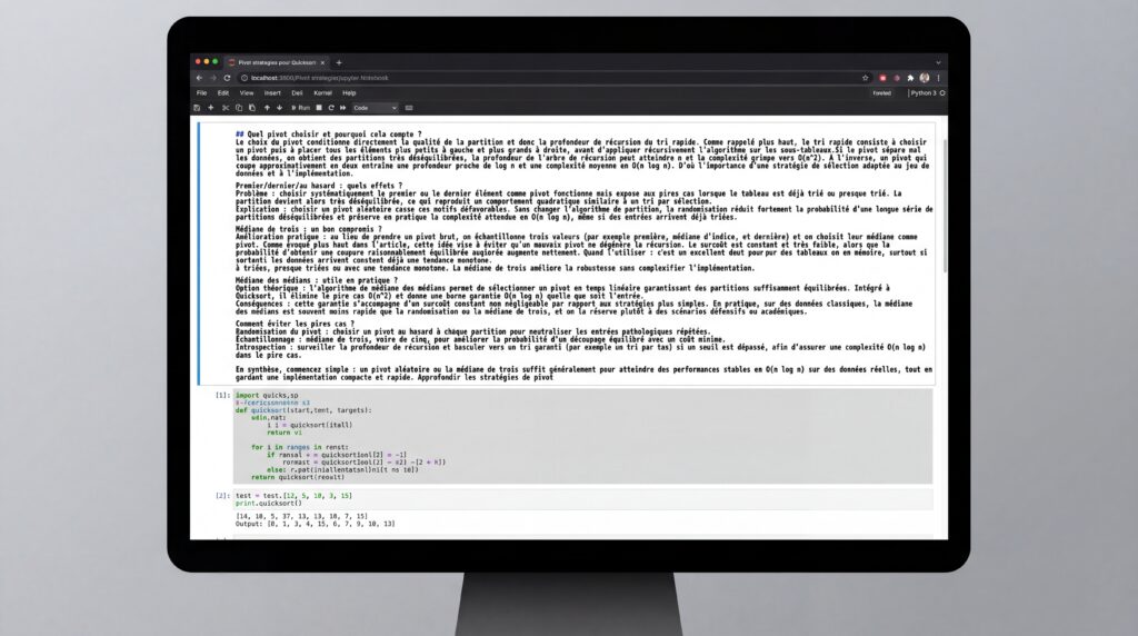 Écran d'ordinateur affichant du code lié à l'algorithme de tri rapide.