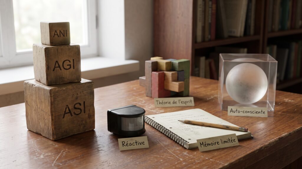 Éléments éducatifs sur les types d'intelligence artificielle, comprenant des cubes empilés avec des inscriptions AGI et ASI, un carnet de notes, et un objet sphérique transparent sur une table.