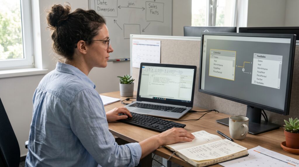 Une personne utilisant Power Query sur deux écrans d'ordinateur avec un carnet de notes à portée de main.