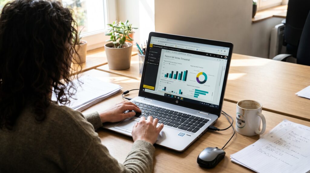 Utilisateur travaillant sur Power BI sur un ordinateur portable avec des graphiques affichés à l'écran.