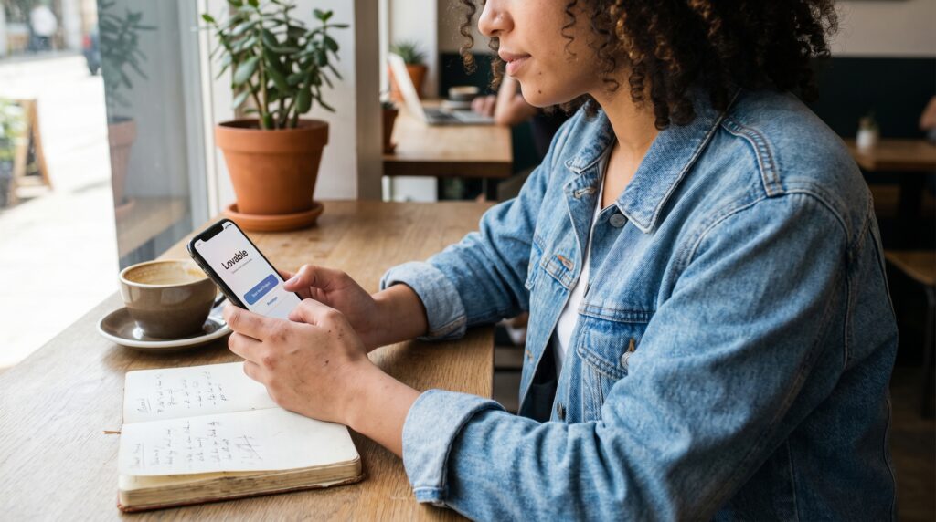 Un utilisateur consultant une application sur son smartphone tout en prenant des notes à une table dans un café.