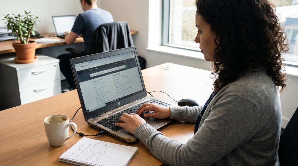 Une personne travaillant sur son ordinateur portable au bureau, utilisant un logiciel de gestion d'entreprise.
