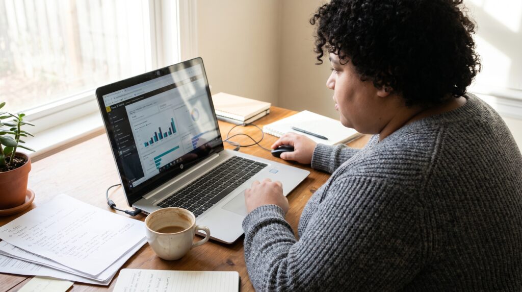 Une personne utilisant Power BI sur un Mac, avec des graphiques affichés sur l'écran, entourée de notes et d'une tasse de café.