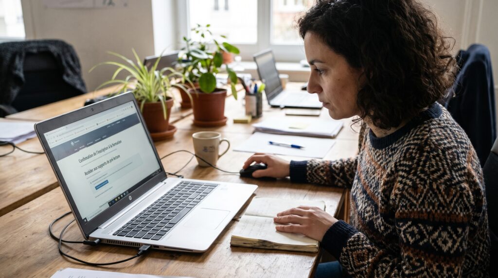 Femme travaillant sur un ordinateur portable avec un logiciel de gestion d'entreprise ouvert, entourée de plantes et de fournitures de bureau.