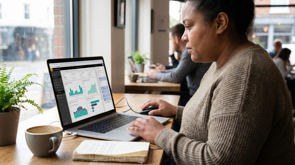 Femme utilisant Power BI sur un ordinateur portable dans un café, avec des graphiques affichés à l'écran.