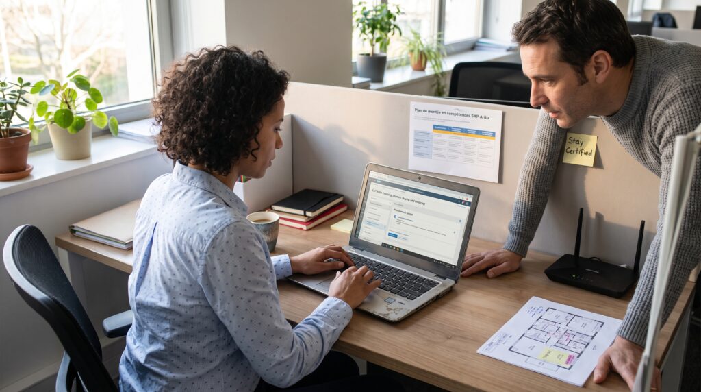 Une personne travaillant sur un ordinateur portable, avec un collègue discutant des données affichées sur l'écran, dans un environnement de bureau moderne.